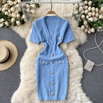 여성 니트 연필 드레스 V 목 짧은 소매 탄성 슬림 외장 드레스 여름 한국 세련된 STREETWEAR 짧은 드레스