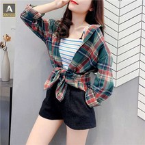 ANYOU 봄 가을 여성 데일리 루즈핏 긴팔 외투 체크 셔츠 블라우스 트랜드 여성블라우스