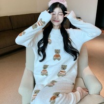 커플잠옷세트 21 겨울 가을 플란넬 곰돌이 여성 실내복 산욕기룩 큐트 털 가운 타입 11 월14 일 발 2822801468, M, 화이트 라운드