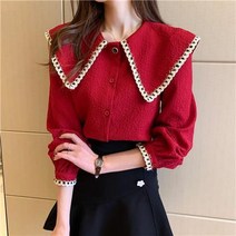 스타일아유 여성 가을 긴팔 러블리 배색 플랫카라 빅카라 버튼 라운드넥 하객룩 오피스룩