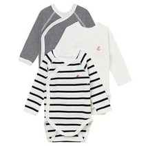 Petit Bateau 아기 긴 소매 크로스오버 무지 스트라이프 바디 슈트 (3장 팩) US 사이즈: 6 Months PB100