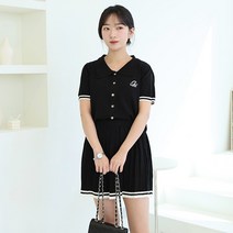 마쿠쿠 마린룩 카라 여성 반팔 니트 플리츠 미니 스커트 투피스 세트
