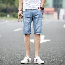 대미지 트렌드 청반바지남성 오부바지 에어매쉬 스트레이트핏 일자 여름 슬림 캐쥬얼 하프 팬츠 2022 신 얇은