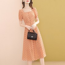 여성 여름 도트 원피스 오렌지 스퀘어넥 반팔 쉬폰 드레스 2022 폴카 프린트