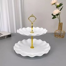 디저트 트레이 스탠드 북유럽 감성 에프터눈티세트 케이크 접시 접시스탠드 플라스틱 2단 3단, 하얀 꽃잎에 두 겹의 금왕관, 1개