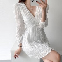 샤틴 미니멈 원피스 브이넥 V넥 셔링 레이스 화이트 블랙 여성 미니원피스