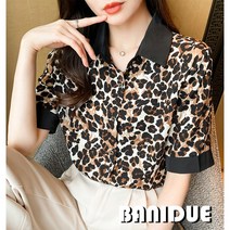 [바니드] 여성 레오파드 셔츠 반팔 여름 유럽풍 호피무늬 카라넥 블라우스 0760