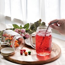 색배임 걱정 NO 손잡이 유리머그컵 글라스자 에이드잔 뚜껑 핸들 드링크자 450ml, 본품