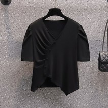 와이케이하우스 빅사이즈 투피스 코디 세트 사이즈 여성복 여름옷 디자인감 주름 V넥 불규칙 상의 벨벳 스커트 투피스 세트