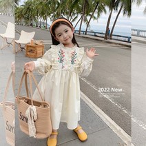 (랑) 키즈여아 화이트 자수 셔링 원피스 봄가을 100호~140호 봄 가을 여행룩 꽃 자수 원피스