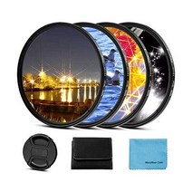 58mm 스타 필터 4피스 스타버스트 렌즈 필터(4 포인트 6 포인트 8 포인트 12 포인트) 캐논 니콘 소니 올림푸스 펜탁스 및 기타 DSLR 카메라용 센터 핀치 캡 + 4 슬롯