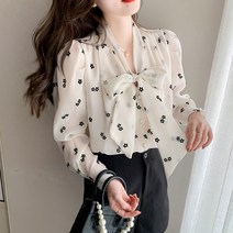 여성용 플라워 패턴 리본 블라우스
