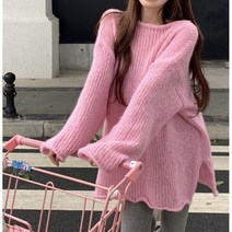 [오늘출발] 딸기우유 롱 루즈핏 보트넥 박시니트 핑크스웨터