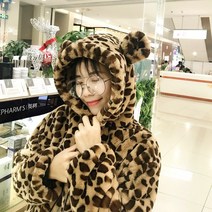 귀운 호피 후드 코트 래빗 퍼 코트 여성 겨울 페이크퍼 코트 인조 모피 자켓