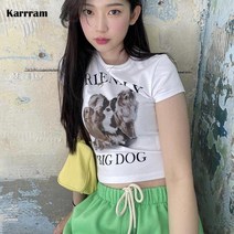 서울빈티지샵 일본패션 Karrram-강아지 프린트 반팔 티셔츠 패션 Kpop 일본 귀여운 카와이 여름 페어리 코어