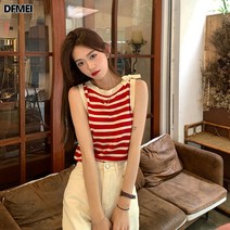 DFMEI 민소매 티셔츠 상의 트렌디한 디자인 코디 스트라이프 끈 니트 나시녀