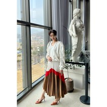 에스테나 여성 메탈 언발 배색 고퀄 밴딩 주름 플리츠 롱 스커트