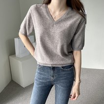 바이단미 여성용 브이넥 베이직 심플 캐시 V 반팔 니트