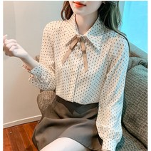 [바니드] 여성 고급 봄가을 땡땡이 셔츠 도트 카라넥 느스한 리본 블라우스 0364