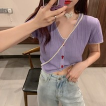 여성용 더블 버튼 물결 반팔 니트티셔츠 하늘비즈 C11 A217U459