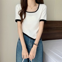 밑단 언발란스 컬러 심플한 반팔 이너 니트 티셔츠 상의