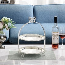 DFMEI 이중 삼중 케이크 홀더 애프터눈티 과일 케이크 접시 디저트 스탠드 리본 딤섬 트레이 웨딩, 2단 선반 + 25cm 접시 실버 2개 과일 포크 3개