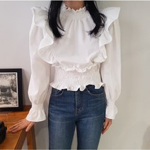 상상그이상 여성용 큐티 프릴 블라우스 편안한 스모크 밴딩 페미닌한 날개 프릴 셔츠 하객룩 데이트룩
