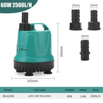 수중펌프220v 수족관펌프 소형무소음펌프 바닥 흡입 워터 펌프 수족관 220v-240v 수조의 물 순환 및 펌핑을위한 잠수정 워터 펌프, 60w 2500lh