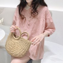 스타일아유 레이스 자수 코튼 블라우스 여름 퍼프 루즈핏 A라인 아방