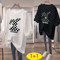 Runke 여성 빅사이즈 오버핏 반팔 롱박스 캐주얼 롱 여름 티셔츠 1+1