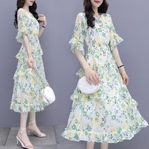여금 여성 원피스 라운드넥 주름 프릴소매 잔꽃 프린팅 캉캉 러블리 패션 롱원피스 C88