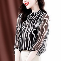 JUSTFEELING 75kg까지 빅사이즈 여성 티 셔츠 칠부 배색 쉬폰 블라우스 상의