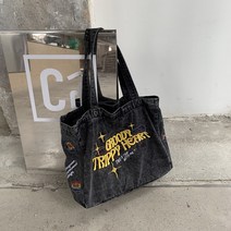 ﻿﻿자수 지퍼 대용량 블랙데님 토트 숄더백 남녀
