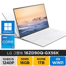 LG전자 2022 그램16 16ZD90Q-GX56K 16인치 윈도우11 사무용 업무용 기업 주식 노트북, 16ZD90Q, WIN11 Home, 16GB, 1TB, 코어i5, 화이트
