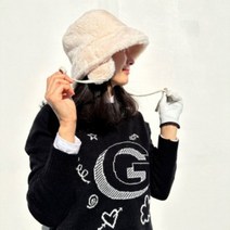 여성 골프모자 귀마개 골프 끈리본 겨울 방한 귀요미 밍크퍼 귀도리 벙거지 털모자, 아이보리