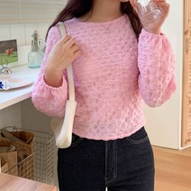[네쥬] 여성 봄 크롭 라운드 데일리 긴팔 블라우스