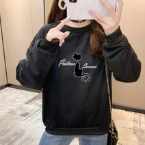 스타일아유 여성용 프린트 러블리 고양이 로고 세미 오버핏 특양면 맨투맨[AYG7TS0207]