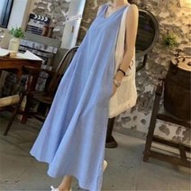빅사이즈원피스 파란색과 흰색 세로 줄무늬 민소매 드레스 여성 여름 원피스 v넥 느슨한 플러스 사이즈 긴 모시와 발목 조끼 스커트