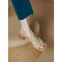 1켤레/2켤레 미들굽 샌들 발편한 여성샌들 가죽 굽 빈티지 샌들 여성키높이샌들 5cm