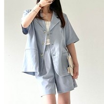 여성 린넨투피스 세트 오버핏 반팔 자켓 M L XL 반바지 수트 셋업 긱시크옷