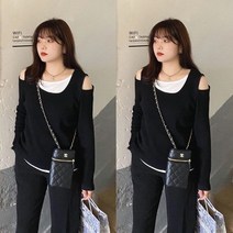 빅사이즈 여성 오프숄더 상의 봄가을 루즈핏 긴팔 어깨트임 티셔츠