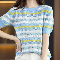 KAQIA 여성 니트티 여름 얇은 라운드반팔 니트 라운드 반팔 니트 여름 니트 여성 상의 XNT1002