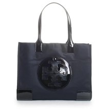 Tory Burch Ella 여성용 경량 인조 가죽 트림 시그니처 토트 핸드백 블랙 페이턴트 스몰