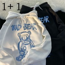 JUST FEEL!NG 1+1 후드맨투맨 캐릭터 프린트 기모 도톰 캐주얼 후드티 BF 오버핏 맨투맨 상의