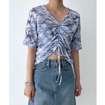 마블 물나염 브이넥 V넥 스트링 셔링 크롭 숏 반팔 골지 티셔츠 스판 여름 빅사이즈 여자