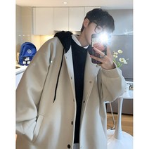 남성 아우터 하프코트 심플 스티칭 후드 모직 코트