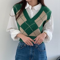 퍼니걸스 5826 브이넥 아가일 크롭 니트 조끼 여성의류