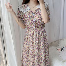 꽃 무늬 드레스 여성의 여름 허리 슬림 기질 요정 스커트 부드러운 바람 레이스 스티칭 스커트, 부드러운 살구 보라색 쉬폰