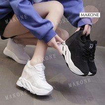 Makone 상표등록 여성 키높이 10cm 스탠딩 통굽 통기성 치어리더 운동화 (화이트 블랙)