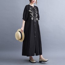 50대엄마여행옷 봄원피스 옷차림 블랙 빅사이즈 자수 플라워 롱 a라인 리본 7부 단추 고급
